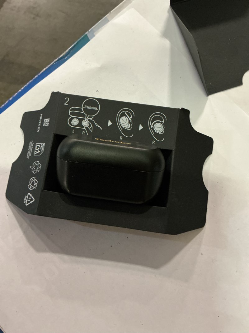 Condition photo showing Good Condition for technics reference class hi-fi wireless ear buds, dolby atmos with head tracking, adaptive noise cancelling, 3 device multipoint, 10-hr battery, wireless charging, improved fit, eah-az100-k(black)
