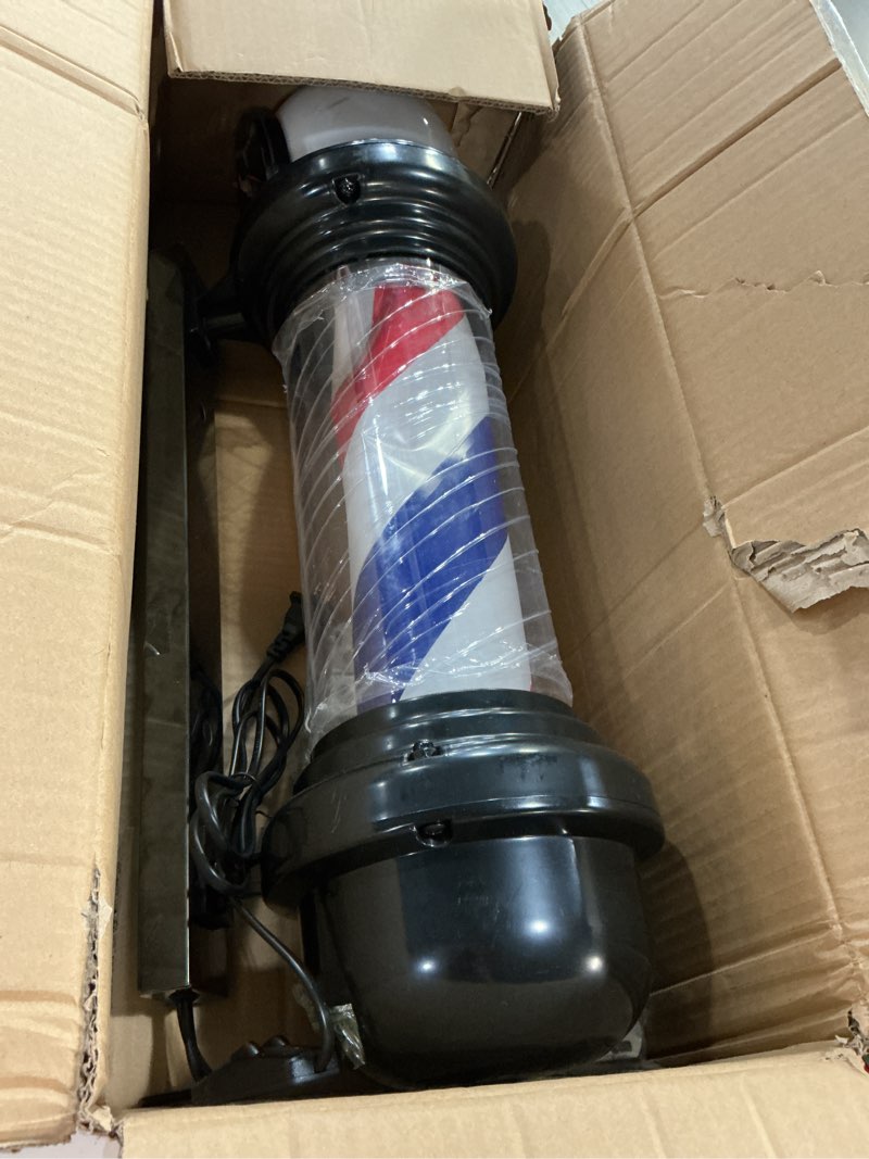 Condition photo showing As Is for 27'' wall-mounted barber pole led light, red, white, blue stripes, waterproof, for salon