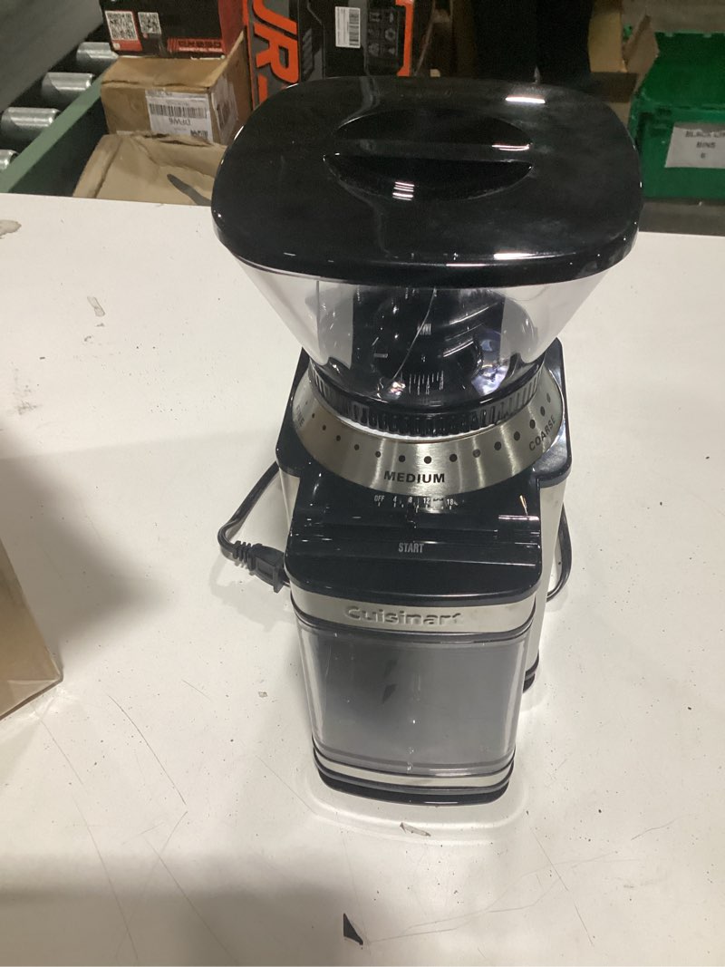 Condition photo showing As Is for cuisinart coffee grinder, electric one-touch automatic burr coffee grinder with 18-position grind selector, cup size selector for 4 – 18 cups, dbm-8p1, black stainless burr mill stainless steel