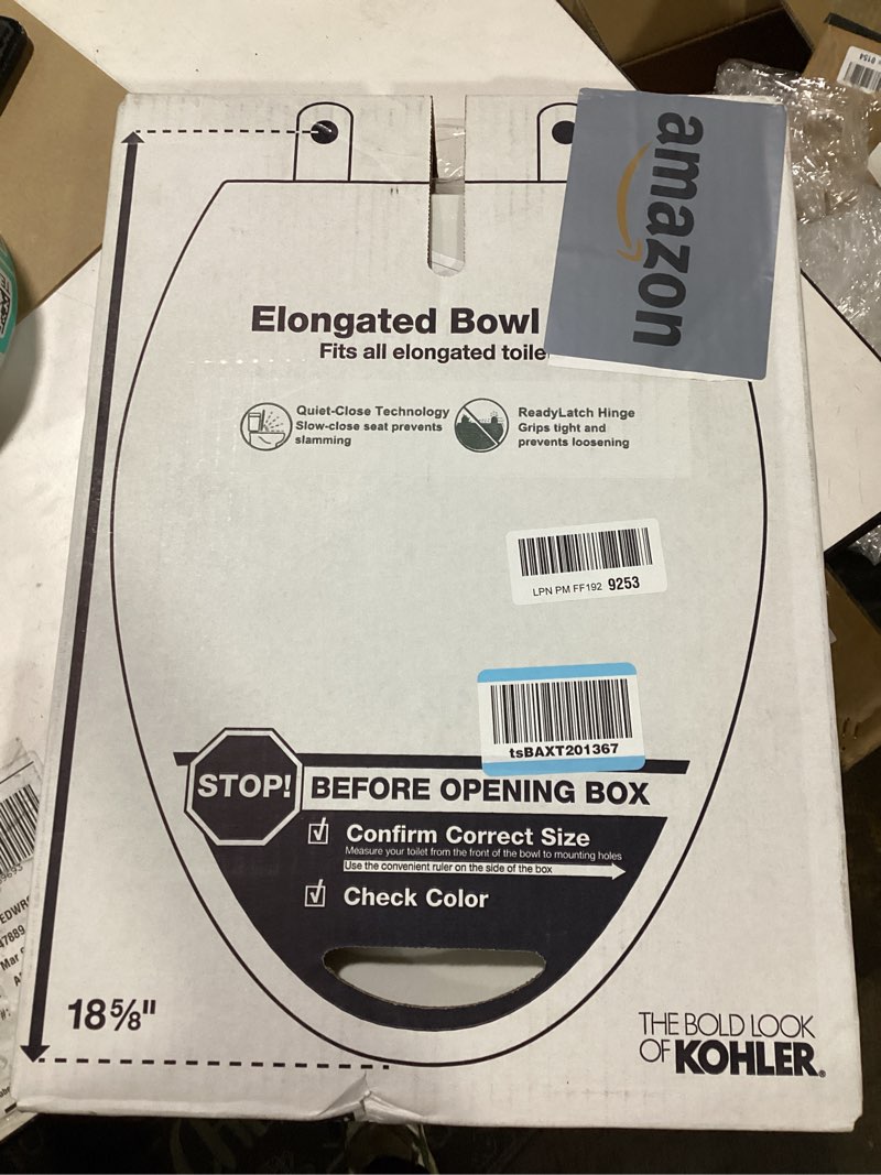 Condition photo showing New/Like New for KOHLER 4636-RL-0 Cachet ReadyLatch Elongated Toilet Seat Slow Close, Soft Close Toilet Seat Quiet Lid, Contoured Grip-Tight Bumpers Installation Hardware, Apartment Essentials, White White Elongated Ready Latch