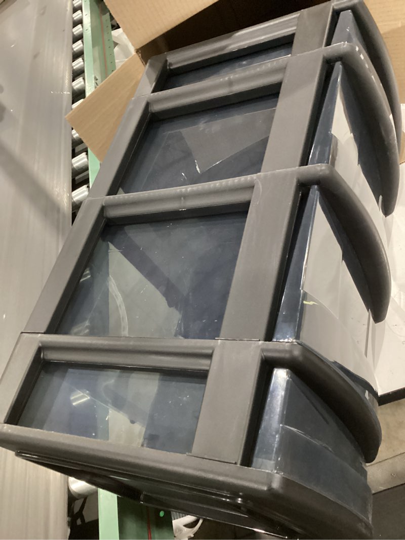 Condition photo showing Good Condition for homz drawer tower, 4-tier clear plastic storage organizer cart, black frame - rolling drawer containers with wheels for bathroom, bedroom, office, and classroom organization