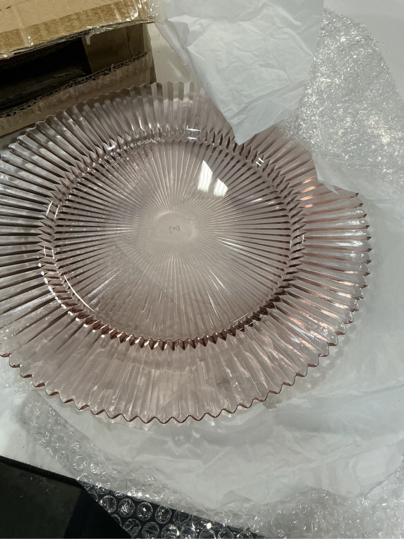 Condition photo showing As Is for (incomplete, only 1 plate)fortessa archie glass, 12.8\" charger plate (set of 4), pink pink 12.8\" charger plate (set of 4)