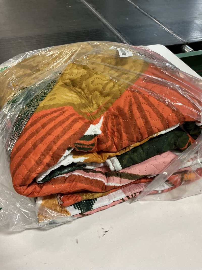 Condition photo showing As Is for 3 piece boho floral full/queen quilt sets farmhouse botanical reversible lightweight bedspread coverlet with 2 shams mid century leaves microfiber bedding quilts set for all season, 90''x96'' blush pearl full/queen