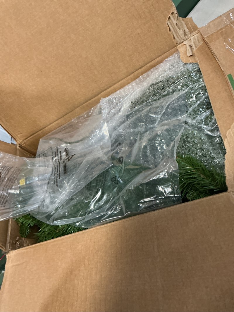Condition photo showing As Is for National Tree Company Artificial Pre-Lit Slim Christmas Tree, Green, Kingswood Fir, White Lights, Includes Stand, 6.5 Feet