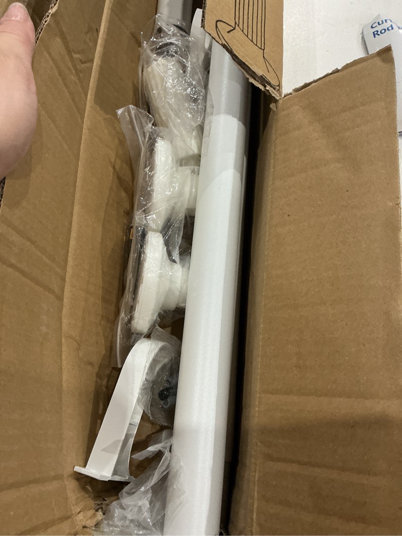 Condition photo showing As Is for allzone tension shower curtain rods no drilling, 29 to 85 inches, spring loaded curtain rods for windows, adjustable shower rod for bathroom, heavy duty tension rod fits various wall types, white white 29-85 inches