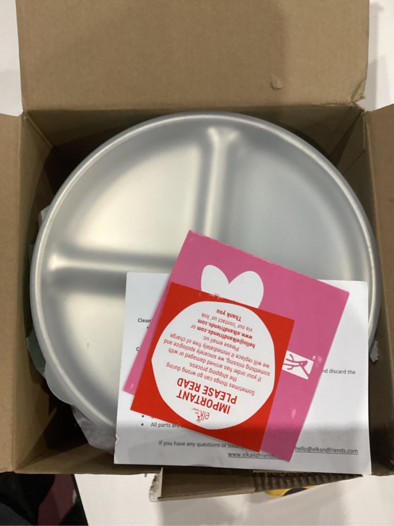 Condition photo showing New/Like New for Elk and Friends Stainless Steel Divided Plates with Silicone Sleeve for Babies & Toddlers | Lids Included | Stay Put Suction | Dinner & Snack Plates | 4 Pack Pink/Purple/Teal/Yellow Suction Sleeve