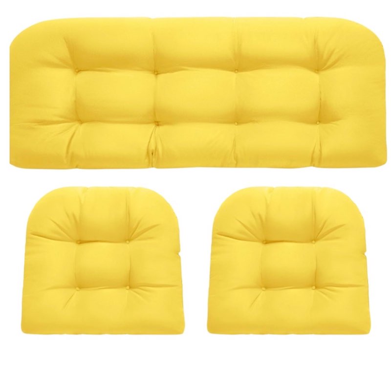 wicker chair cushions, waterproof outdoor loveseat cushions for patio furniture, tufted wicker furniture cushions, 1 loveseat and 2 u-shaped cushions, yellow yellow wicker chair cushion