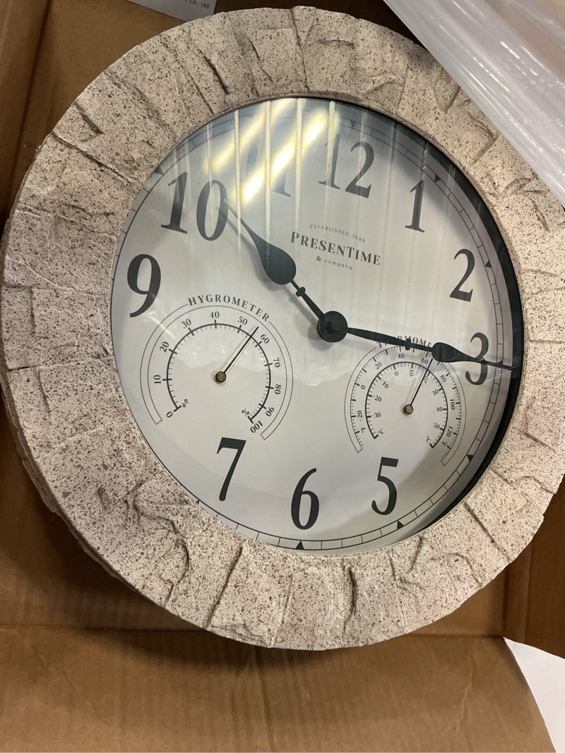 Condition photo showing Good Condition for Presentime & Co Sandstone Outdoor Clock with Thermometer & Hygrometer as All in one Weather Station, 14", Gray Sandstone Finish. Weather Thermometer, Outdoor Décor, Wall Décor.