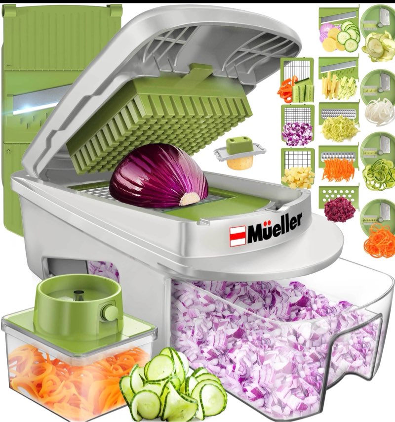 Mueller Pro-Series All-in-One, 12 Blade Mandoline Slicer for Kitchen, Food Chopper, Cucumber Slicer and Spiralizer, Cutter, Dicer, Grater, Gifts for Mom, Kitchen Essentials, White Sand/Green
