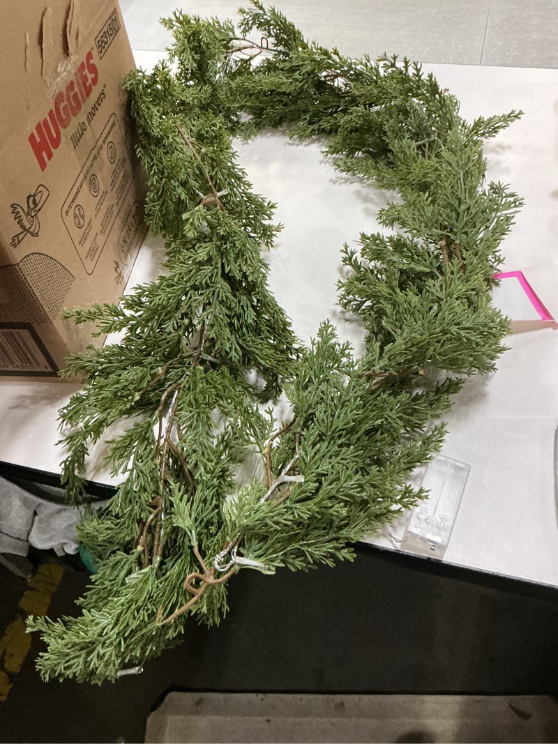 Condition photo showing Good Condition for 9FT Christmas Garland with LED String Lights, Norfolk Pine Garlands, Real Touch, Artificial Greenery Garland, Waterproof for Indoor&Outdoor, Fireplace, Banister, Wall,Christmas Holiday Decor