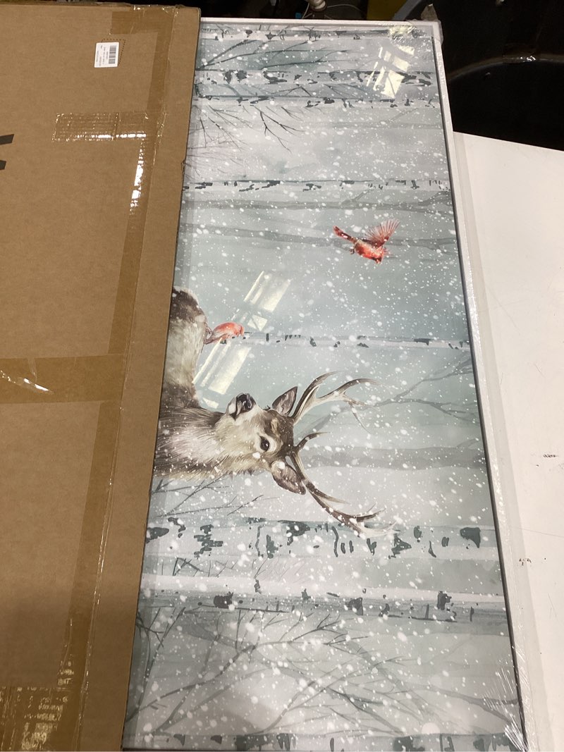 Condition photo showing New/Like New for framed nature landscape wall art, large white forest canvas prints paintings artwork for walls, modern animal deer and bird pictures for living room bedroom dining room hallway wall decor, 24x36 in 36"l x 24"w deer and cardinals in winter forest