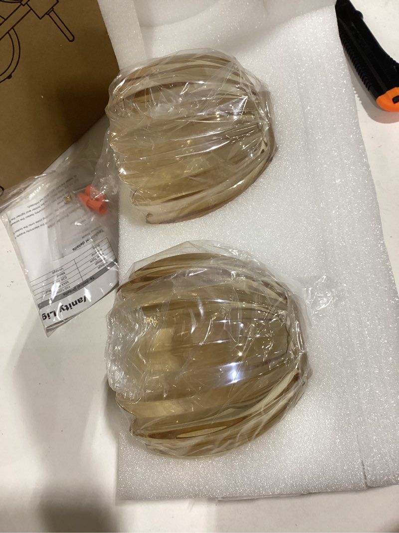 Condition photo showing Good Condition for bathroom light fixtures, 2-light brushed gold vanity lights for bathroom with ribbed amber tulip glass shade, vanity lights over mirror for bedroom, living room, hallway brushed gold - tulip amber 2-light
