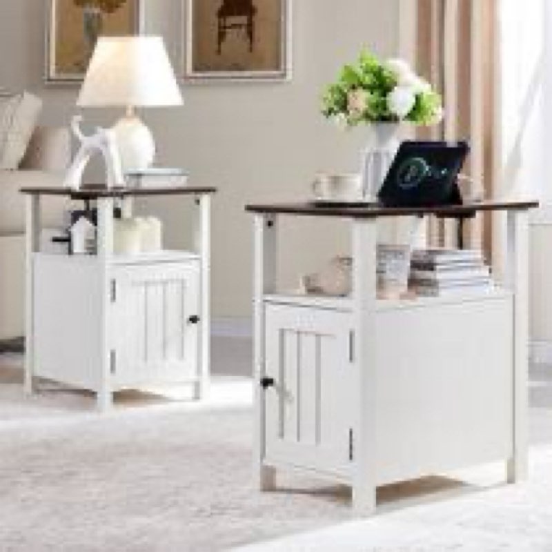 Willkie Farmhouse Nightstand Set , End Table with Charging Station, w/Barn Door & Open Shelves INCOMPLETE 