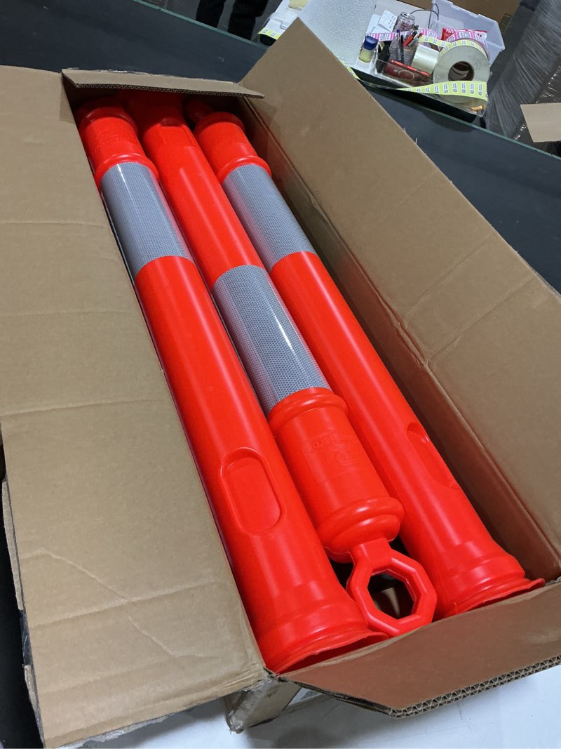 Condition photo showing New/Like New for roadhero 45 inch delineator post with base, portable orange traffic delineator posts cones with reflective collars for parking lots, road safety, construction events 3 pack 45 inch orange 3