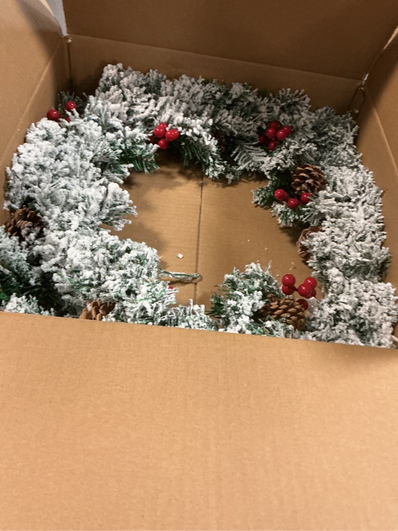 Condition photo showing Good Condition for Christmas Wreaths for Front Door, 27 Inch Snow Flocked Christmas Wreaths, Christmas Wreath with Lights,Large Christmas Wreath, Prelit Christmas Decor with Pine Cones, Pine Needles,Red Berries Green&white