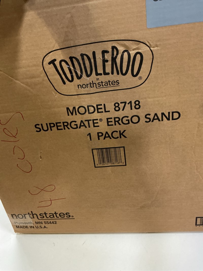 Condition photo showing New/Like New for Toddleroo by North States - Supergate Ergo Baby Gate: Plastic Baby Gate for Stairs & Doorways - Adjustable Indoor Safety Gate - Made in USA - 26 to 42 Inches Wide - 26 Inches Tall - Sand