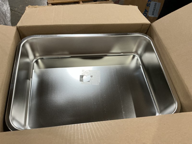 Condition photo showing As Is for stainless steel litter box - 17.7" l x 13.77" w x 4" h metal cat litter box, non stick, no smell, easy entry,easy to clean,metal litterbox for kitten,elderly cats,bunny 1 pack-medium: 17.7x13.77x4 inch