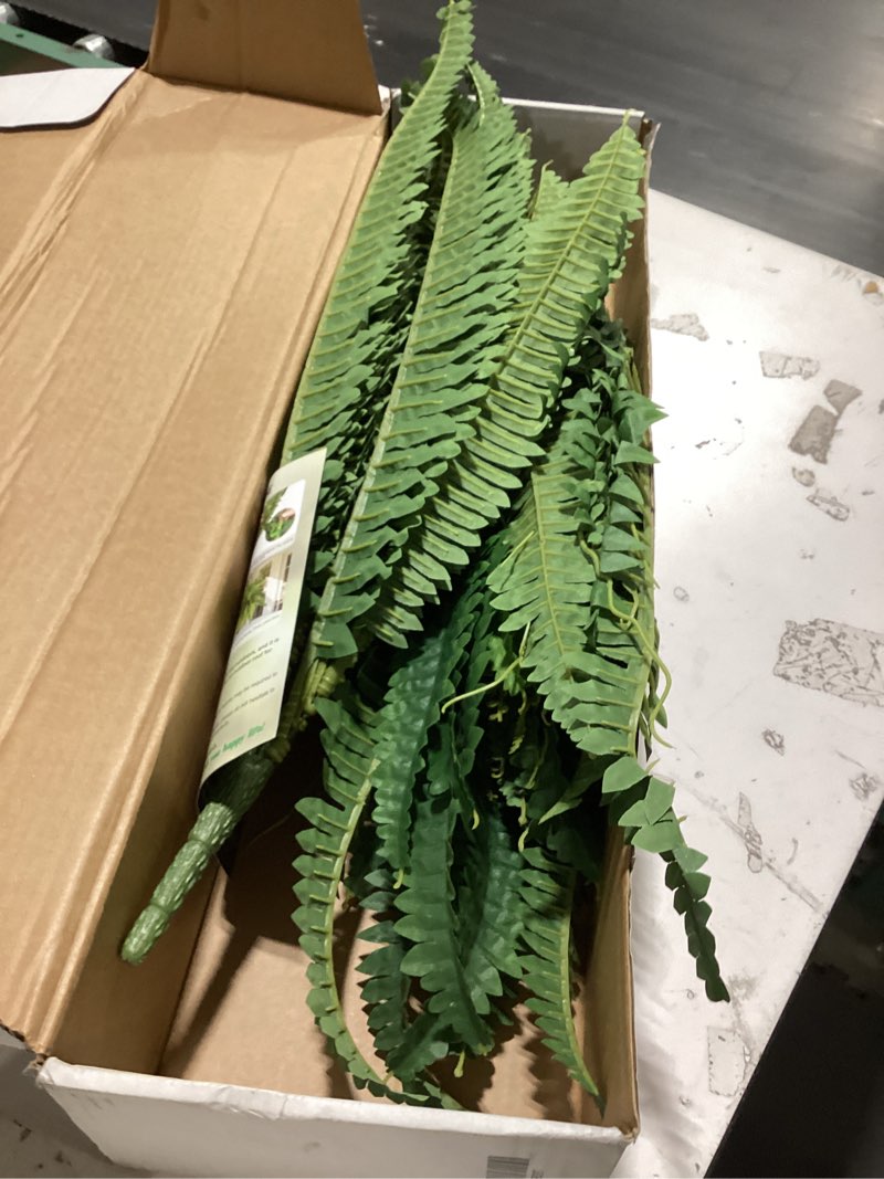 Condition photo showing Good Condition for 42” artificial boston fern bush plant, 2 faux ferns for outdoors large, fake ferns realistic artificial plants with 65 fronds for garden porch patio home office living room decor green green 42''
