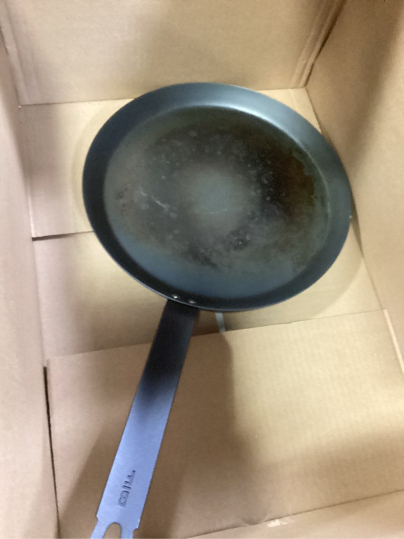 Condition photo showing As Is for GreenPan x Bobby Flay 11" Carbon Steel Crepe Pan, Pre-Seasoned, Nontoxic, PFAS-Free, Induction Compatible, Pancake & Omelet Flat Griddle, High-Heat & Oven Safe Cookware, Cast Iron Alternative 11" Crepe Pan Black