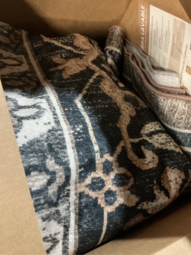 Condition photo showing Good Condition for Lessymo 8 x 10 Area Rugs for Living Room, Machine Washable Area Rugs Boho Faux Wool Low Pile Area Rug for Bedroom, Floral Medallion Vintage Rugs with Non-Slip Rubber, Kid & Pet Friendly,Black Brown Black Brown 8' x 10' (Rectangular)