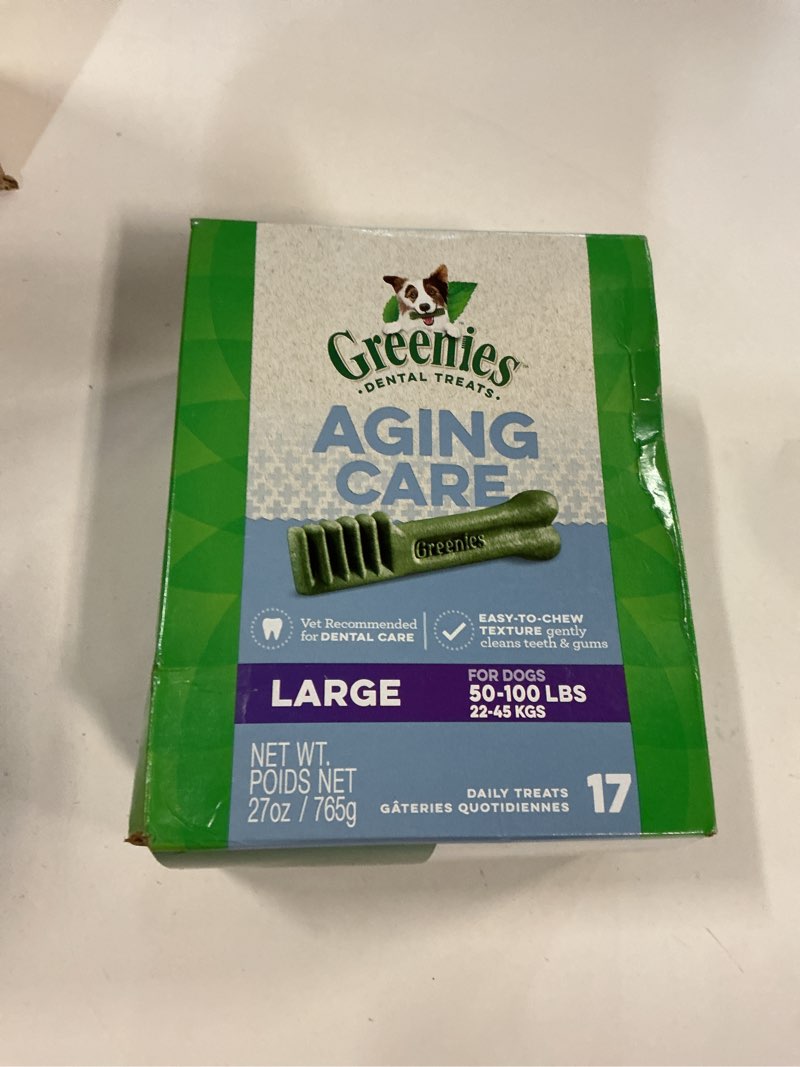 Condition photo showing New/Like New for Best by 10/27/25 Greenies Dental Treats for Dogs, Veterinarian-Recommended Aging Care Adult Natural Dental Dog Treats, Large Size, 27 oz. Pack, 17 Count Aging Care 17 Count (Pack of 1)