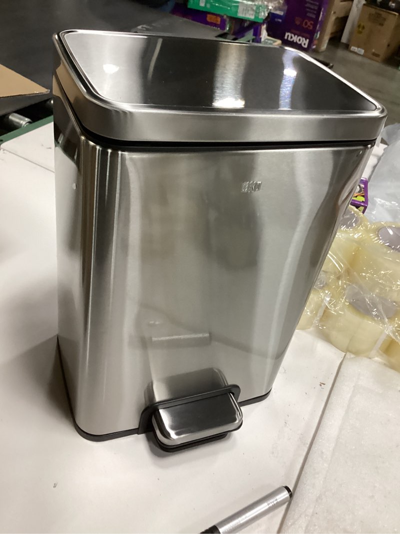 Condition photo showing Good Condition for EKO Madison 12L / 3.2 Gal Bathroom Trash Can with Lid and Removable Inner Basket, Rectangular Small Step Trash Can, Brushed Stainless Steel 12L Brushed Stainless