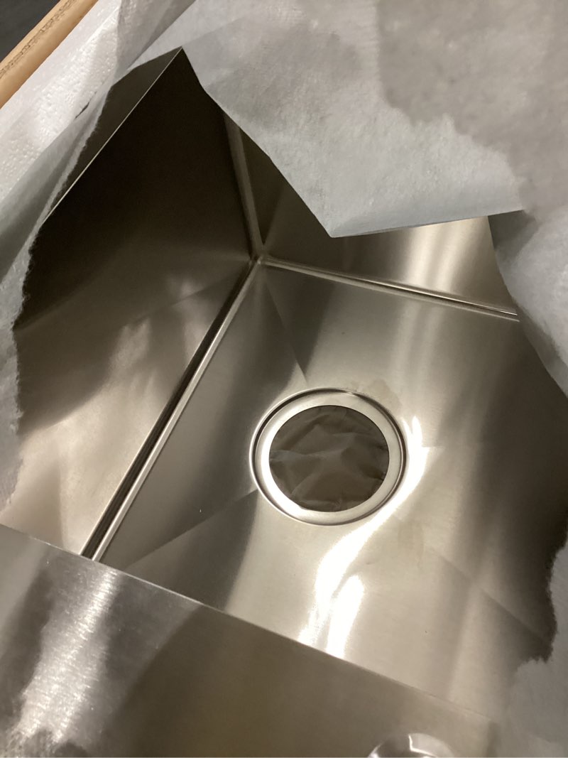 Condition photo showing Good Condition for kitchen sink, 22 x 18 inch drop in sink, 304 stainless steel kitchen sink, centre-offset drain, 9" deep single bowl, topmount installation, brushed(inclued drain strainer & bottom grid) 22"l x 18"w x 9"d - brushed