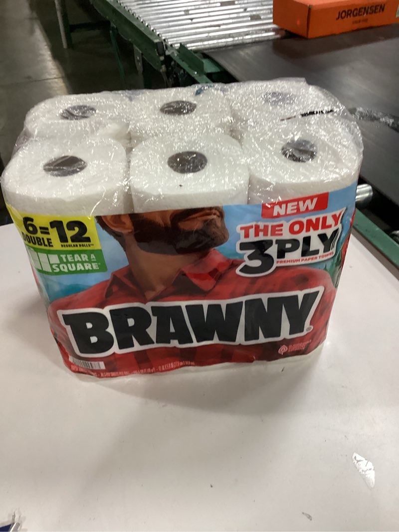 Condition photo showing New/Like New for Brawny Tear-A-Square 3-Ply Paper Towels, 6 Double Rolls = 12 Regular Rolls, Strong, Absorbent, and Durable with 3 Sheet Sizes (Quarter, Half, Full) Double 100 Sheets (Pack of 6 New)