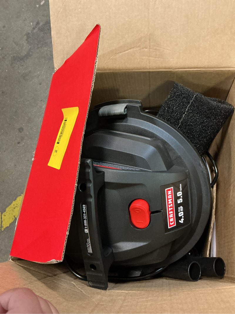 Condition photo showing As Is for craftsman 5-gallon 4-hp corded wet/dry shop vacuum with accessories included