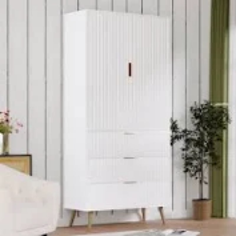 Tall Storage Cabinet With Drawers And Adjustable Shelves, Fluted Panel Accent Cabinet With Gold Handles For Living Room, Kitchen, Or Entryway
