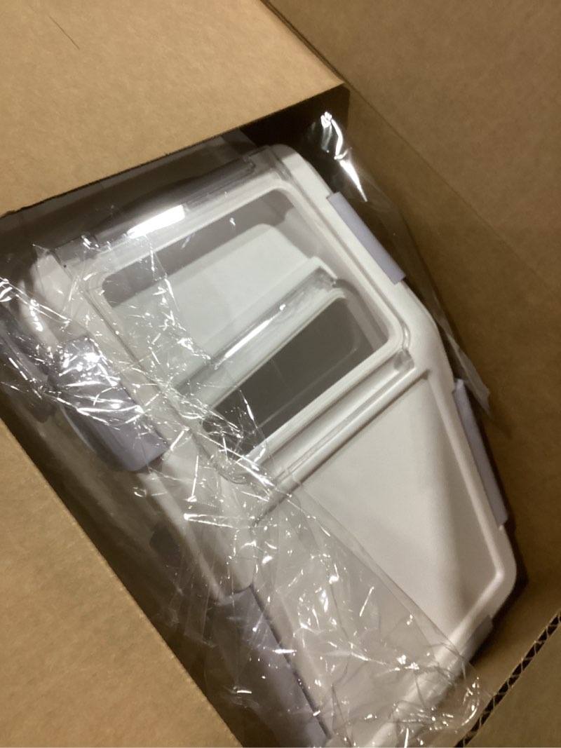 Condition photo showing Good Condition for 20Lbs 2 Pack Food Storage Container with Scoop, Airtight Rice Storage Bins Flour Containers Pet Food Dispenser with Handle & Wheels, Plastic Kitchen Pantry Organization for Cereal Baking Supplies 2 pack- 20 lb