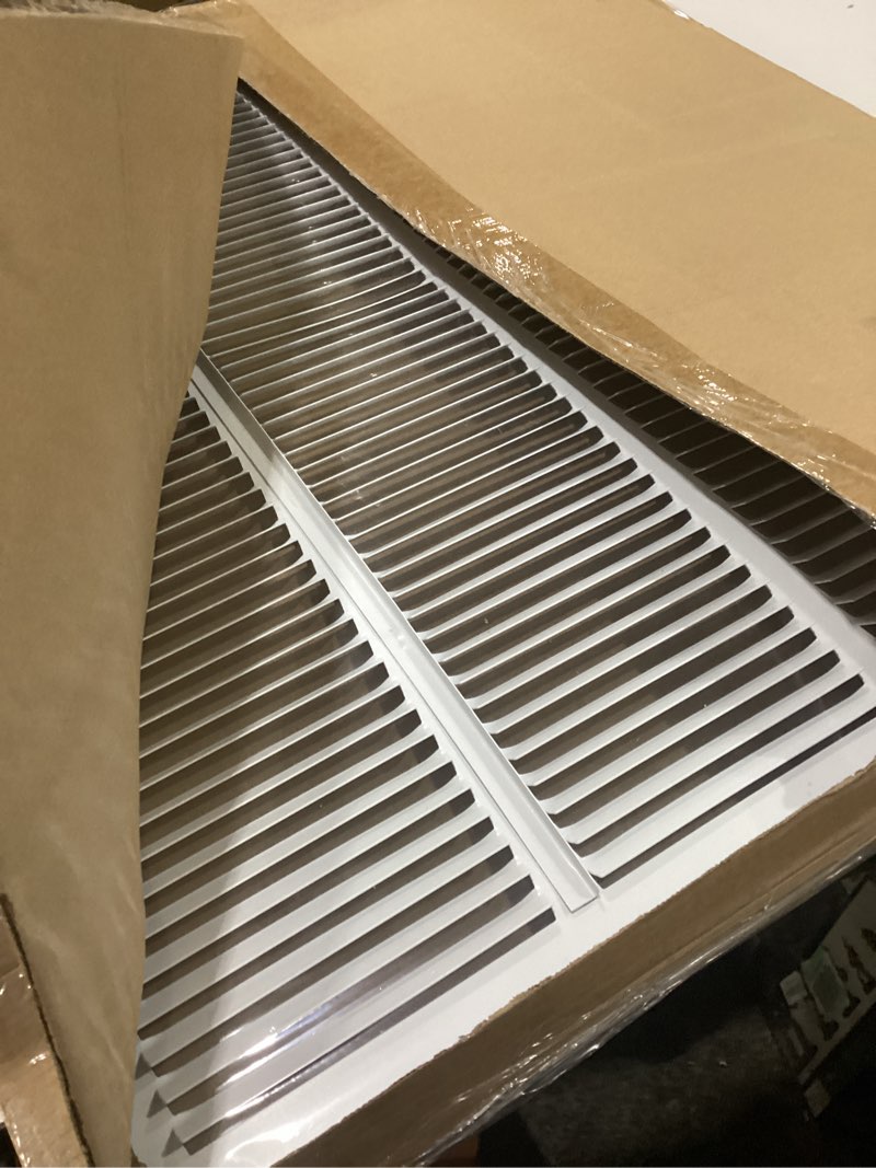 Condition photo showing New/Like New for hvac premium 24'' x 28'' [duct opening] flat stamped steel return air grille - sidewall and ceiling - hvac vent duct cover - white [outer dimensions: 25.75''w x 29.75''h] 24 x 28