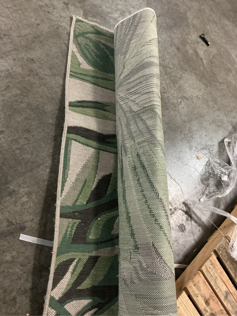 Condition photo showing As Is for allen + roth with stainmaster palm leaf 8 x 10 (ft) loomed polypropylene green rectangular outdoor floral/botanical tropical area rug