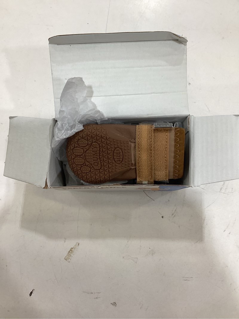 Condition photo showing Good Condition for QUMY Dog Shoes for Large Dogs, Medium Dog Boots & Paw Protectors for Winter Snowy Day, Summer Hot Pavement, Water-Resistant in Rainy Weather, Outdoor Walking, Indoor Hardfloors Skid-Resistant Sole Khaki Size 1: 1.8''x2.3''(W*L) (Pack of 4)