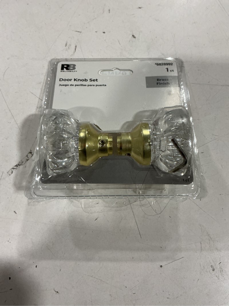 Condition photo showing As Is for reliabilt reliabilt clear knob sets brass interior or bed/bath hall/closet passage door knob 2 -pack
