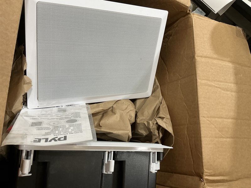 Condition photo showing As Is for pyle ceiling wall mount enclosed speaker - 400 watt stereo in-wall / in-ceiling 8" enclosed full range deep bass speaker system - 50hz-20khz frequency response, 4-8 ohm, flush mount - pdiw87 white 8.0 in speaker