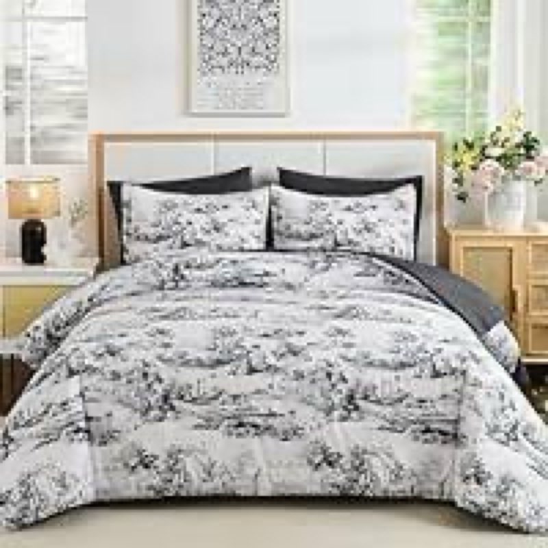 wongs bedding queen comforter set 7 pieces, black and white botanical bed in a bag, farmhouse french
