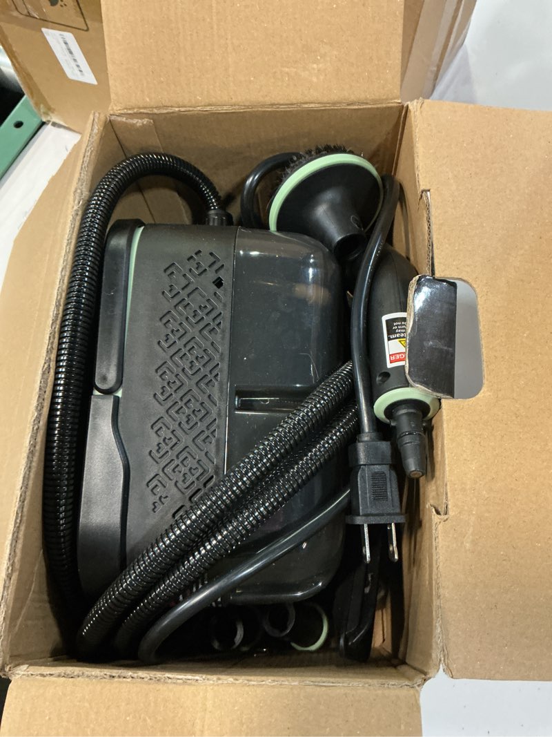 Condition photo showing As Is for steam cleaner, portable steamer for cleaning with 16pcs accessories, 6-level adjustable and 15s heat-up, handheld steam cleaner for home, tile, dirt, grout, grease, car detailing green
