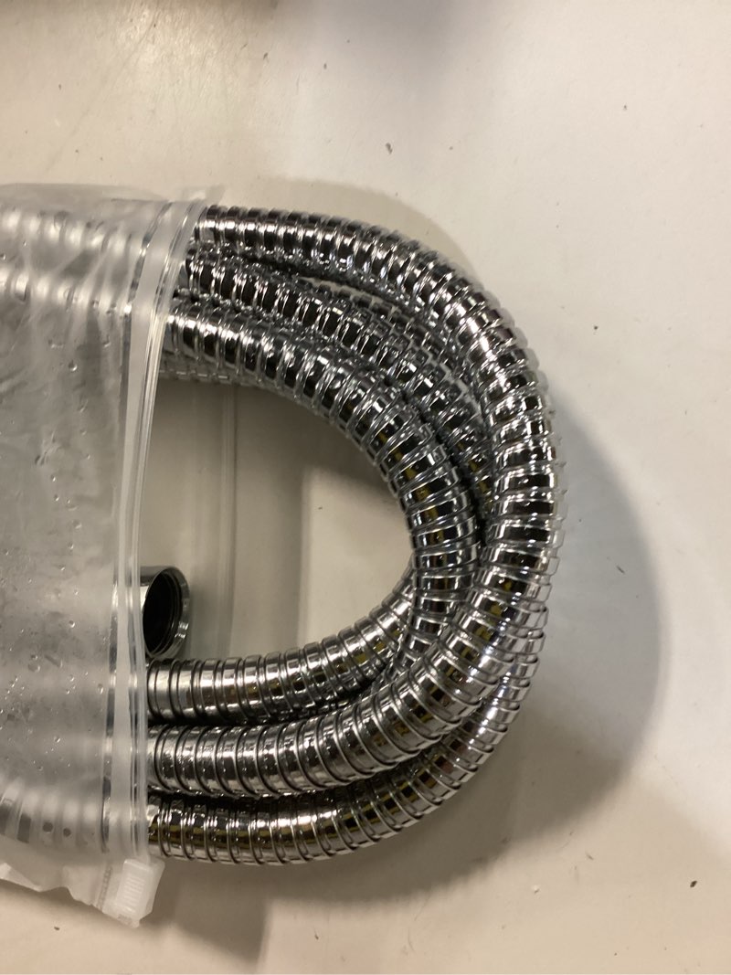 Condition photo showing As Is for OFFO Shower Hose, 120 in Kink Free Stainless Steel Shower Hose Attachment Electroplating Handheld Shower Head Hose Flex Hoses Extension with Brass Insert & Nut for Pet Bathing Cleaning, Chrome Chrome 120 in