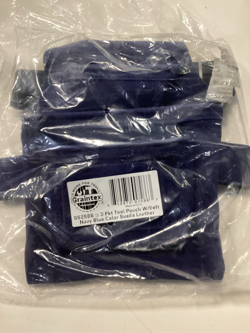 Condition photo showing New/Like New for Graintex SS2586 :: 3 Pocket Nail & Tool Pouch Navy Blue Color Suede Leather with 2” Webbing Belt for Constructors, Electricians, Plumbers, Handymen