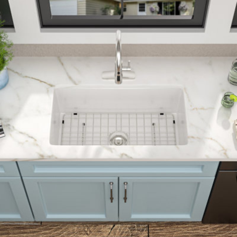 27" L x 19" W Single Bowl Undermount Ceramic Kitchen Sink with Sink Grid and Basket Strainer
