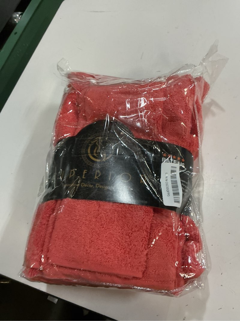 Condition photo showing Good Condition for superior egyptian cotton pile 3 piece towel set, includes 1 bath, 1 hand, 1 face towel/washcloth, ultra soft luxury towels, thick plush essentials, guest bath, spa, hotel bathroom, coral coral 3-piece towel set