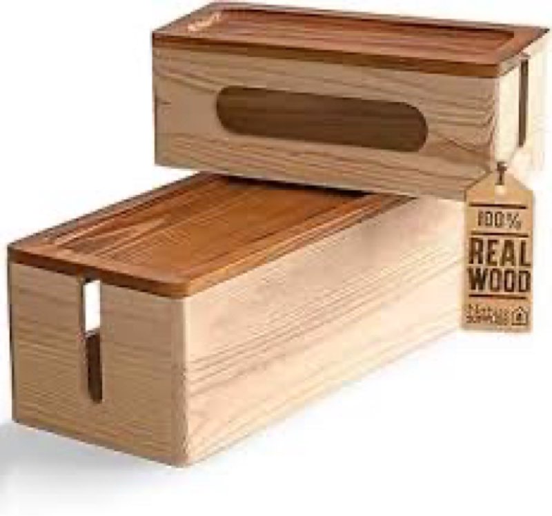 2 Pack Pine Wood Large Cable Management Box, Cord Organizer Cover Hider Floor Outlet Hiders for TV W