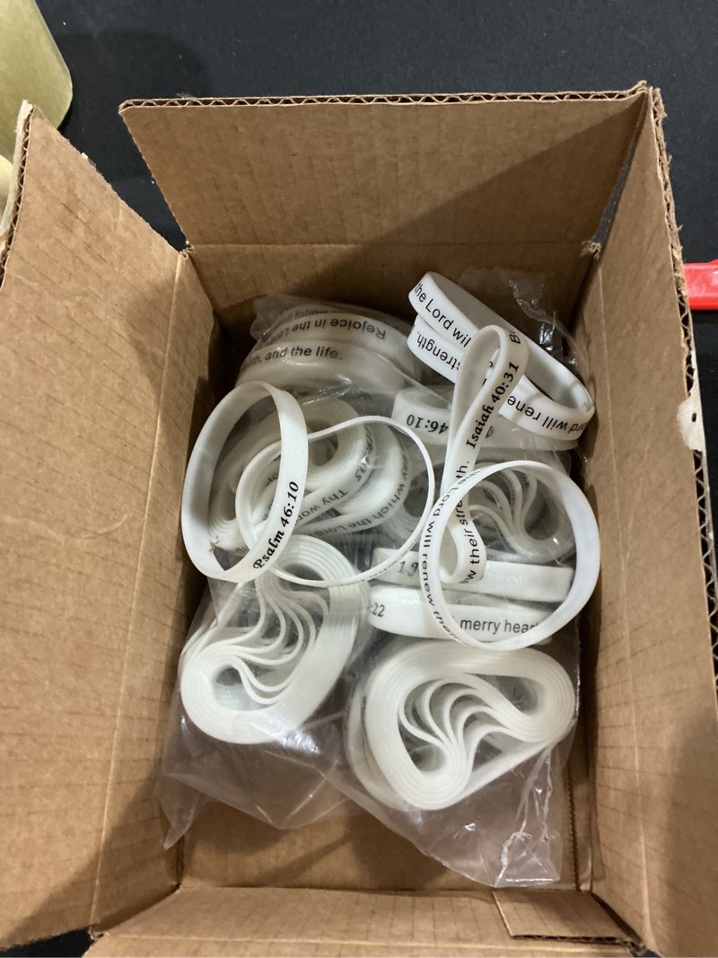 Condition photo showing Good Condition for Estune 120 Pieces Bible Verses Bracelets Motivational Quote Rubber Wristbands Christian Religious Silicone Bracelet Inspirational Silicone Wristbands for Unisex Men Women Easter party(White Color)