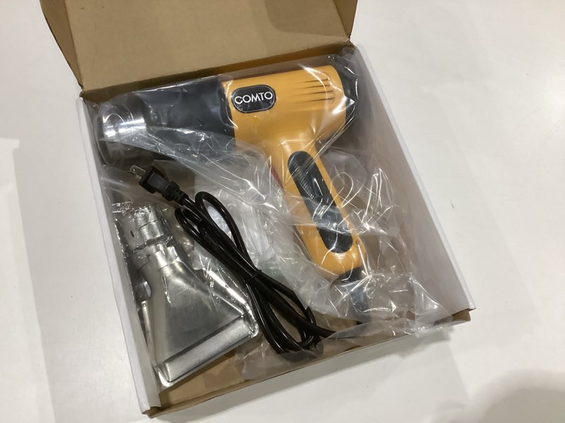 Condition photo showing As Is for 1600w heat gun, hot air gun with 2 temp settings, 4 nozzles, overheat protection, for shrink tubing, shrink wrap, crafting, resin, and diy projects - yellow, not tested