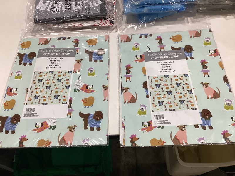 Condition photo showing New/Like New for The Gift Wrap Company 58-191805 Hipper Dog Flat Gift Wrapping Paper Sheet Set, 30" x 23", Multicolor, 3 Pieces