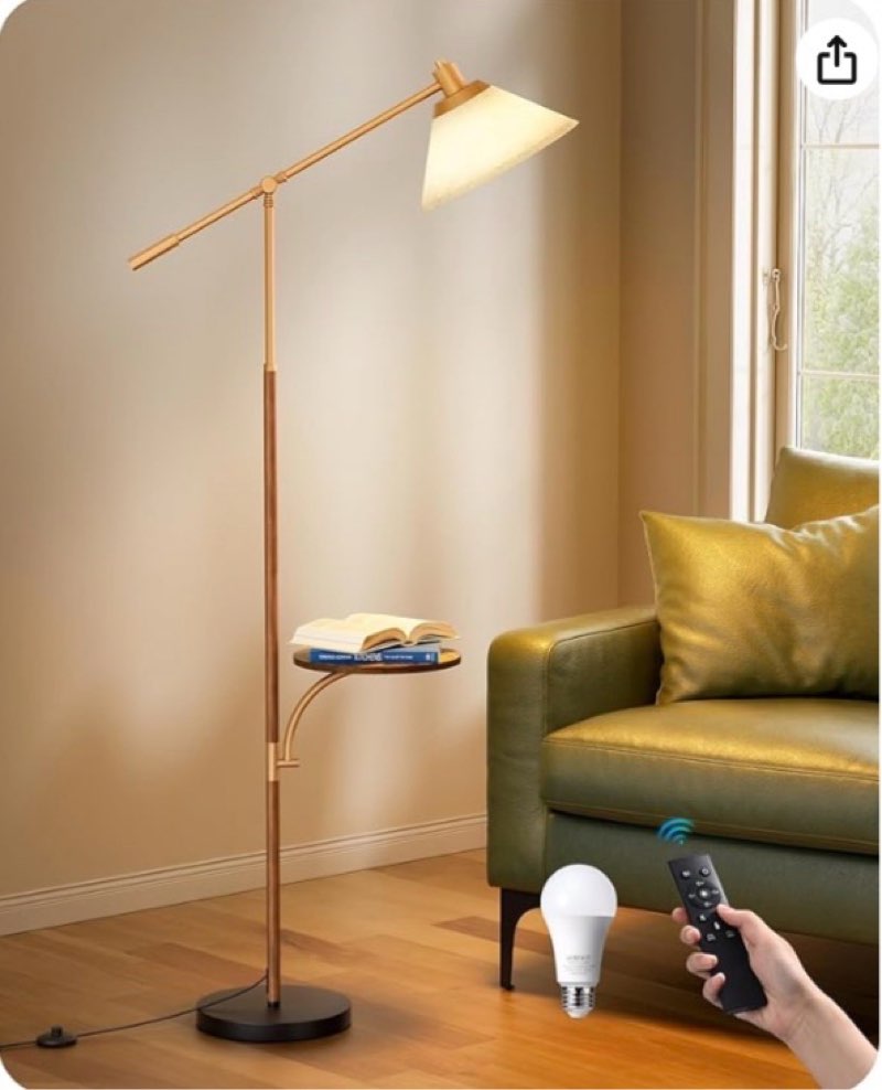 edishine 68" arc floor lamp with table, vintage standing lamp for living room with tray, tall reading lamp, beige shade, adjustable arm, remote dimmable bulb included, for bedroom office, wood grain
