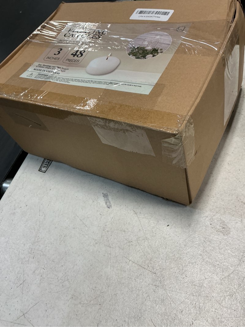 Condition photo showing New/Like New for floating candles 3 inch 48 pack white – cw studio unscented long 6 hour burn, smokeless dripless han