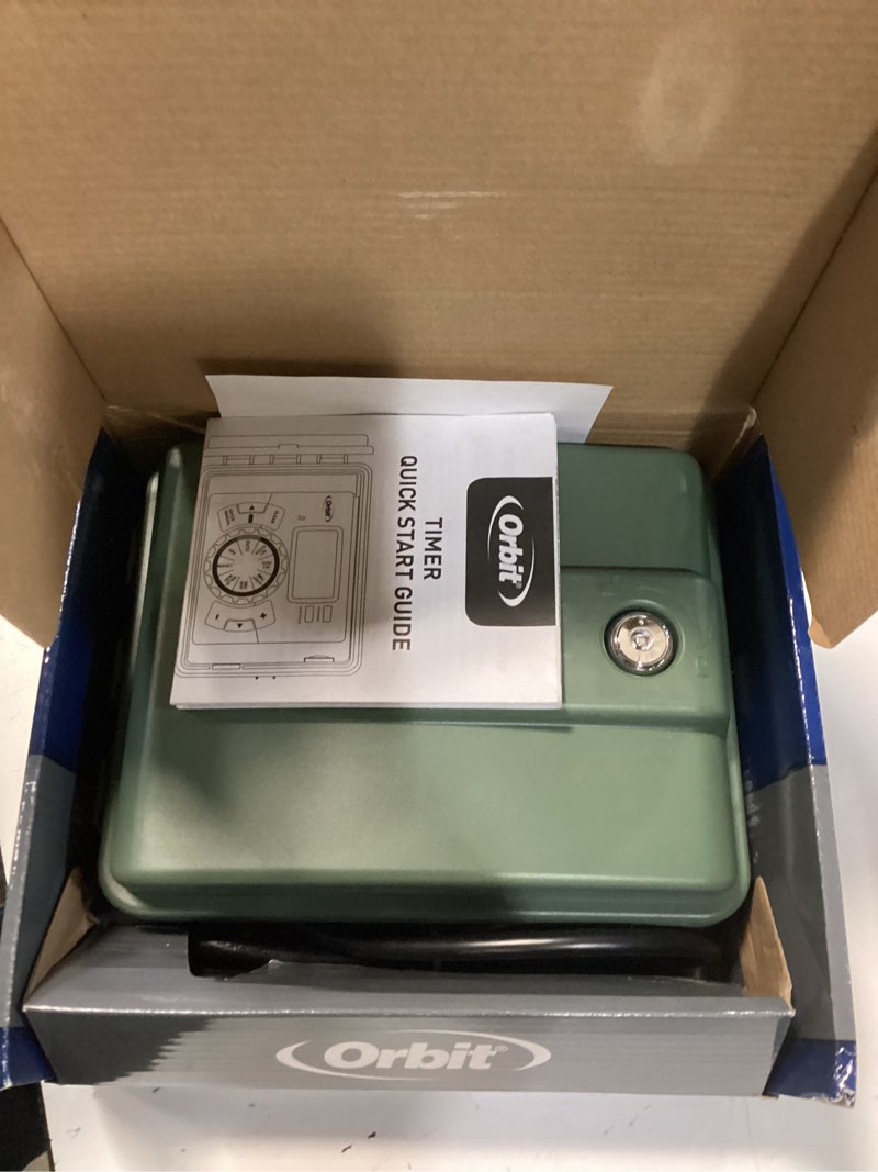 Condition photo showing Good Condition for orbit 4-station outdoor swing panel sprinkler system timer - for residential lawn watering - multi-station irrigation controller - custom watering intervals - indoor/outdoor installation - 57894 4-station green