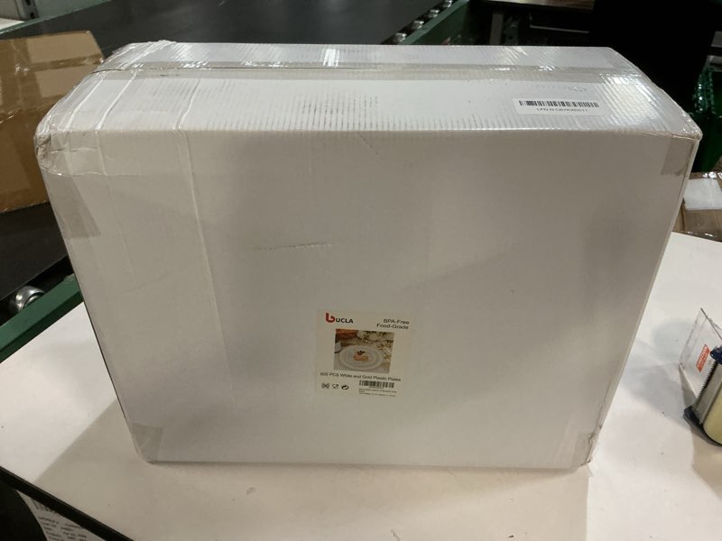 Condition photo showing New/Like New for bucla 600pcs white and gold plastic plates - gold disposable dinnerware set for 100 guests include 100 dinner & 100 dessert plates, 100 cups, 100 forks, 100 spoons, 100 knives for party gold 100 guests without napkins